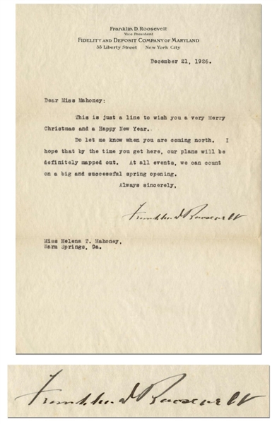 Franklin D. Roosevelt Letter Signed From 1926, With Full ''Franklin D. Roosevelt'' Signature -- FDR Writes of the Warm Springs Institute, ''...we can count on a big and successful spring opening...''